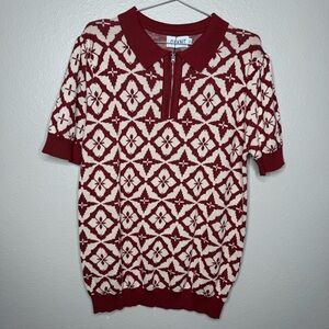 Oxiknit Red & Cream Zip‑Front Short‑Sleeve Polo Sweater women’s size 2XL